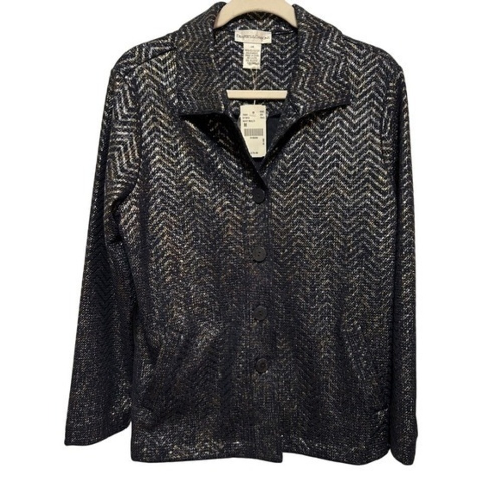 NWT Drapers Damons Womens Medium Blue Silver Metallic Chevron Blazer Jacket M
